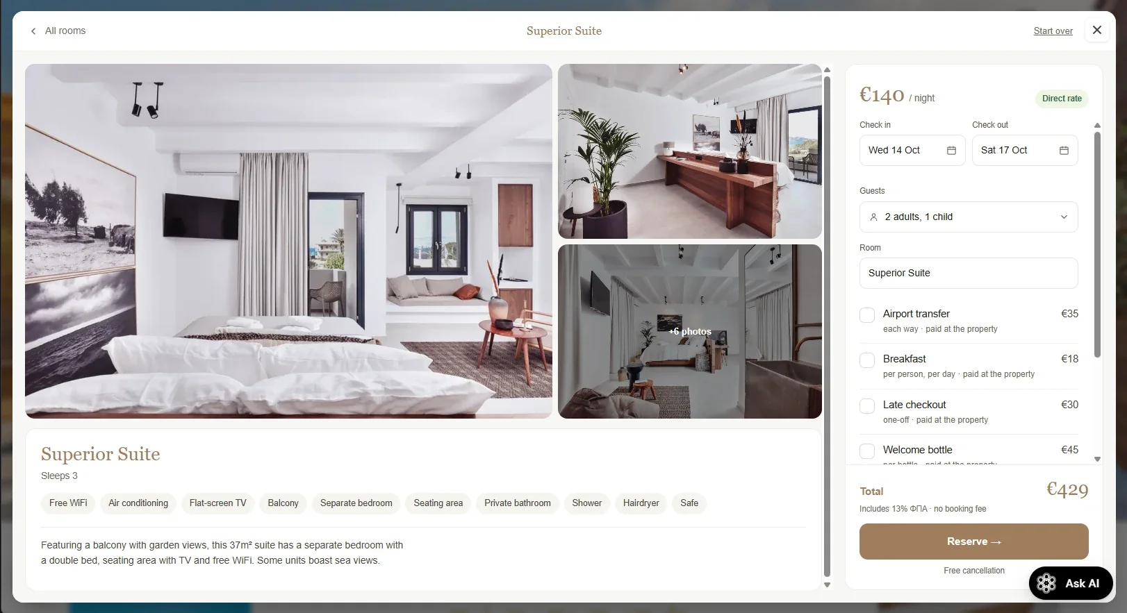 A room page: gallery, amenities, extras with prices, and a running total marked as a direct rate.